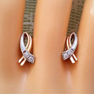 Russian Russia 14K 585 Rose Pink White Gold CZ Cluster Secure Lock EARRINGS